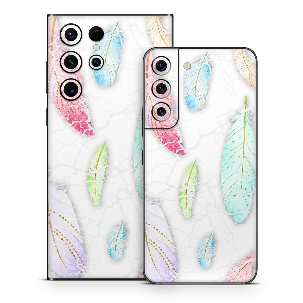 Samsung Galaxy S22 Series Skin design of Feather, Fashion accessory, Jewellery, with red, blue, green, purple, white, brown colors