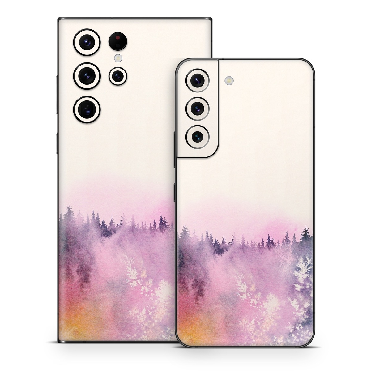 Samsung Galaxy S22 Series Skin design of Watercolor paint, Sky, Atmospheric phenomenon, Tree, Atmosphere, Cloud, Landscape, Forest, Painting, Illustration, with white, yellow, pink, purple, blue, black colors