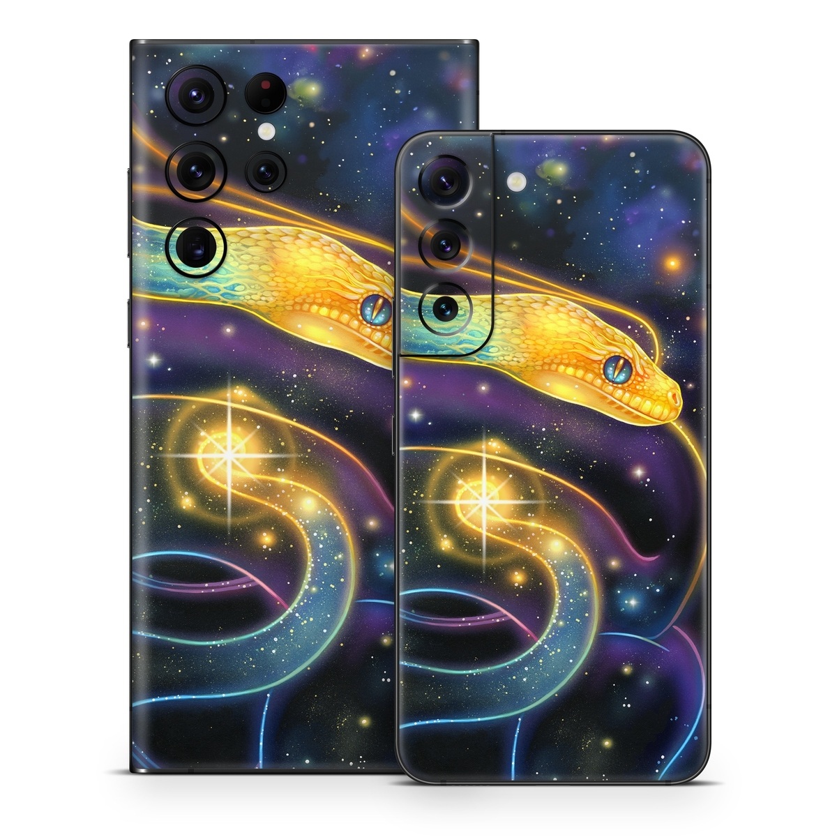 Samsung Galaxy S22 Series Skin design of Atmosphere, Light, Organism, Art, Font, Astronomical object, Galaxy, Star, Science, Nebula, with black, white, yellow, orange, green, purple colors