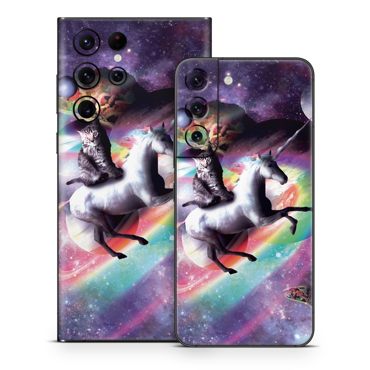 Samsung Galaxy S22 Series Skin design of Illustration, Graphic design, Fictional character, Space, Sky, Astronomical object, Universe, Outer space, Art, Unicorn, with black, white, gray, red, yellow, green, blue, orange colors