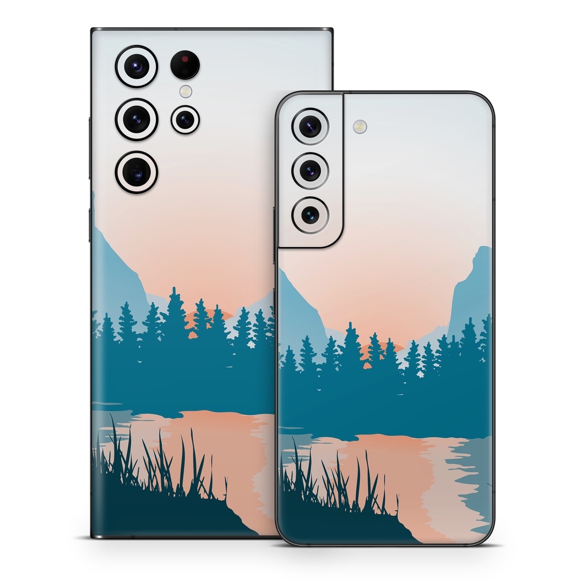 Samsung Galaxy S22 Series Skin design of Sky, Atmosphere, Mountain, Ecoregion, Plant, Natural landscape, Larch, Highland, Fog, Atmospheric phenomenon, with blue, yellow, orange, green colors