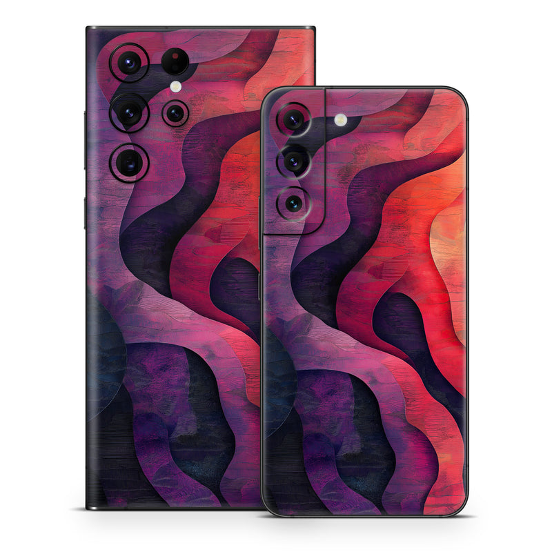 Samsung Galaxy S22 Series Skin design of Red, Orange, Art, Brown, Pink, Paint, Modern art, Graphics, Fractal art, Art Paint, with red, orange, yellow, purple, pink, black colors