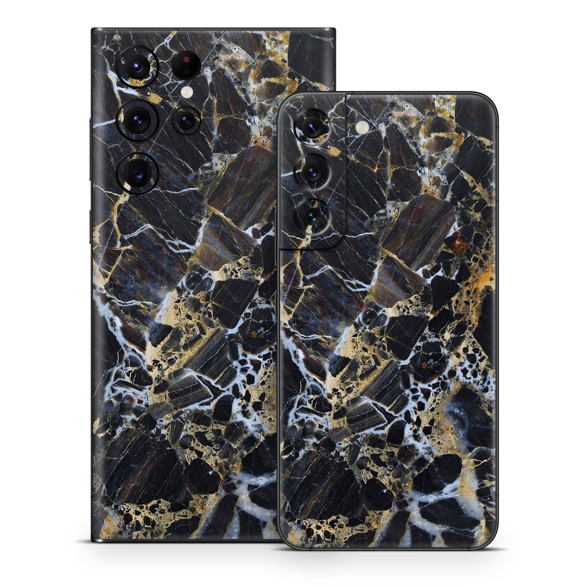 Samsung Galaxy S22 Series Skin design of Black, Yellow, Rock, Brown, Marble, Water, Close-up, Granite, Pattern, Geology, with black, white, orange, gray, yellow colors