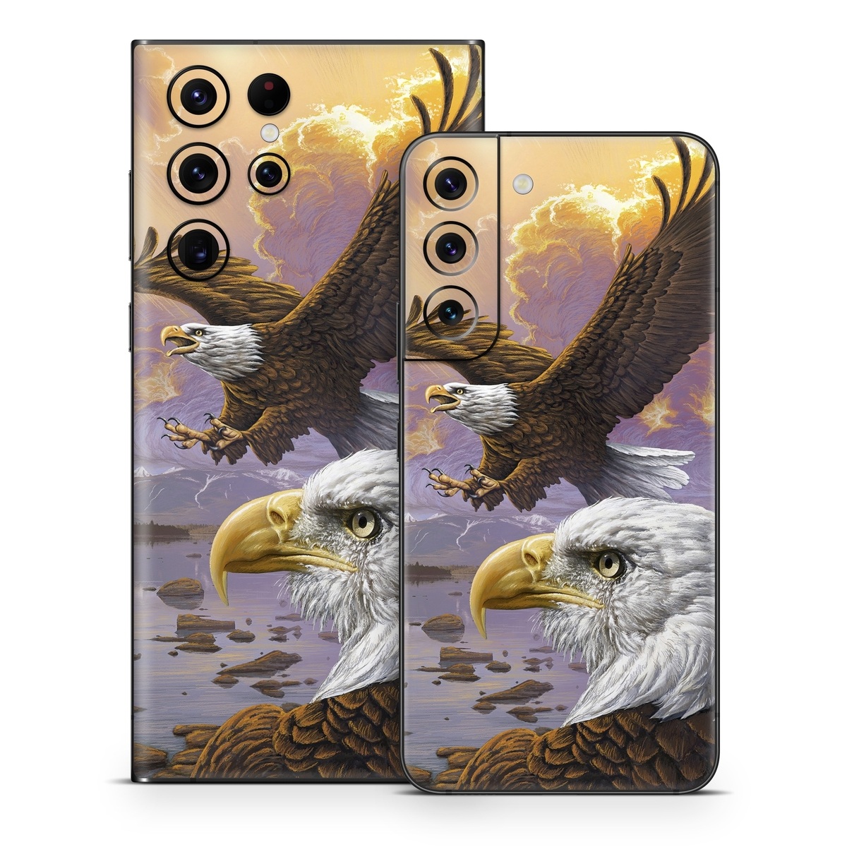 Samsung Galaxy S22 Series Skin design of Bird, Bird of prey, Bald eagle, Vertebrate, Eagle, Accipitriformes, Accipitridae, Golden eagle, Beak, Hawk, with gray, black, green, red, purple colors