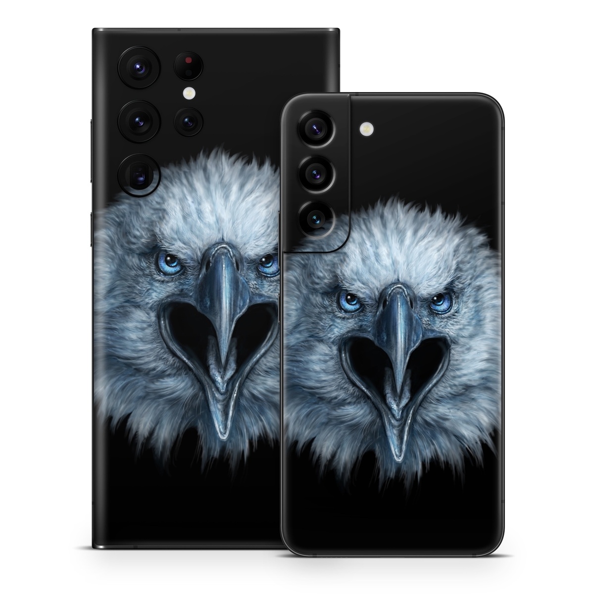 Samsung Galaxy S22 Series Skin design of Bird, Vertebrate, Bird of prey, Beak, Eagle, Wildlife, Organ, Close-up, Eye, Accipitriformes, with white, gray, black, blue colors