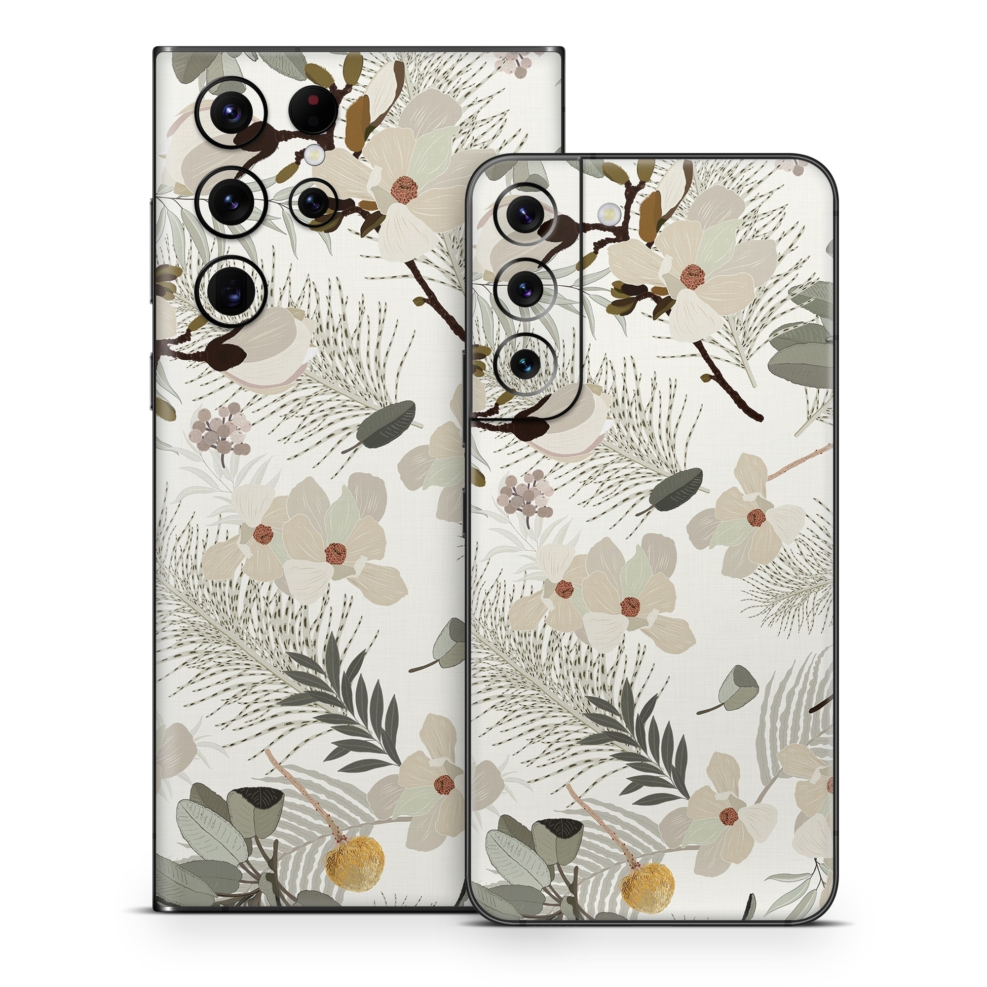 Samsung Galaxy S22 Series Skin design of Branch, Botany, Twig, Plant, Textile, Organism, Art, Creative arts, Pattern, Tints and shades, with white, green, yellow, brown, gray colors