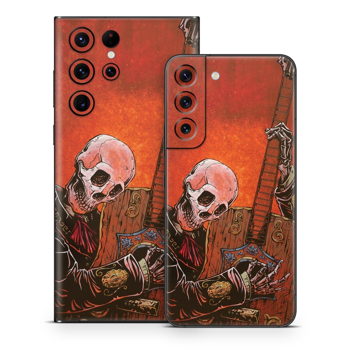 Samsung Galaxy S22 Series Skin design of Sleeve, Art, Painting, Personal protective equipment, Artist, Music, Font, Visual arts, Drawing, Skull, with white, black, gray, brown, orange, yellow, red colors