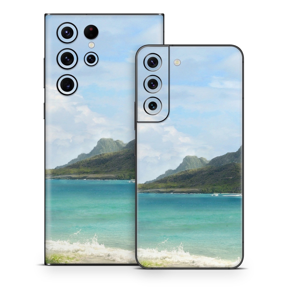 Samsung Galaxy S22 Series Skin design of Body of water, Tropics, Nature, Natural landscape, Shore, Coast, Caribbean, Sea, Tree, Beach, with gray, black, blue, green colors