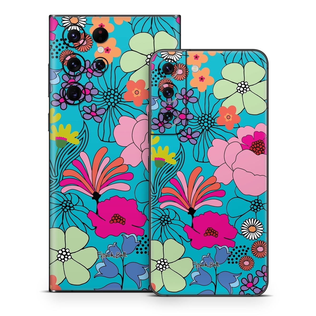 Samsung Galaxy S22 Series Skin design of Flower, Green, Azure, Nature, Botany, Petal, Blue, Textile, Pink, Art, with blue, pink, yellow, orange, red, purple, green colors