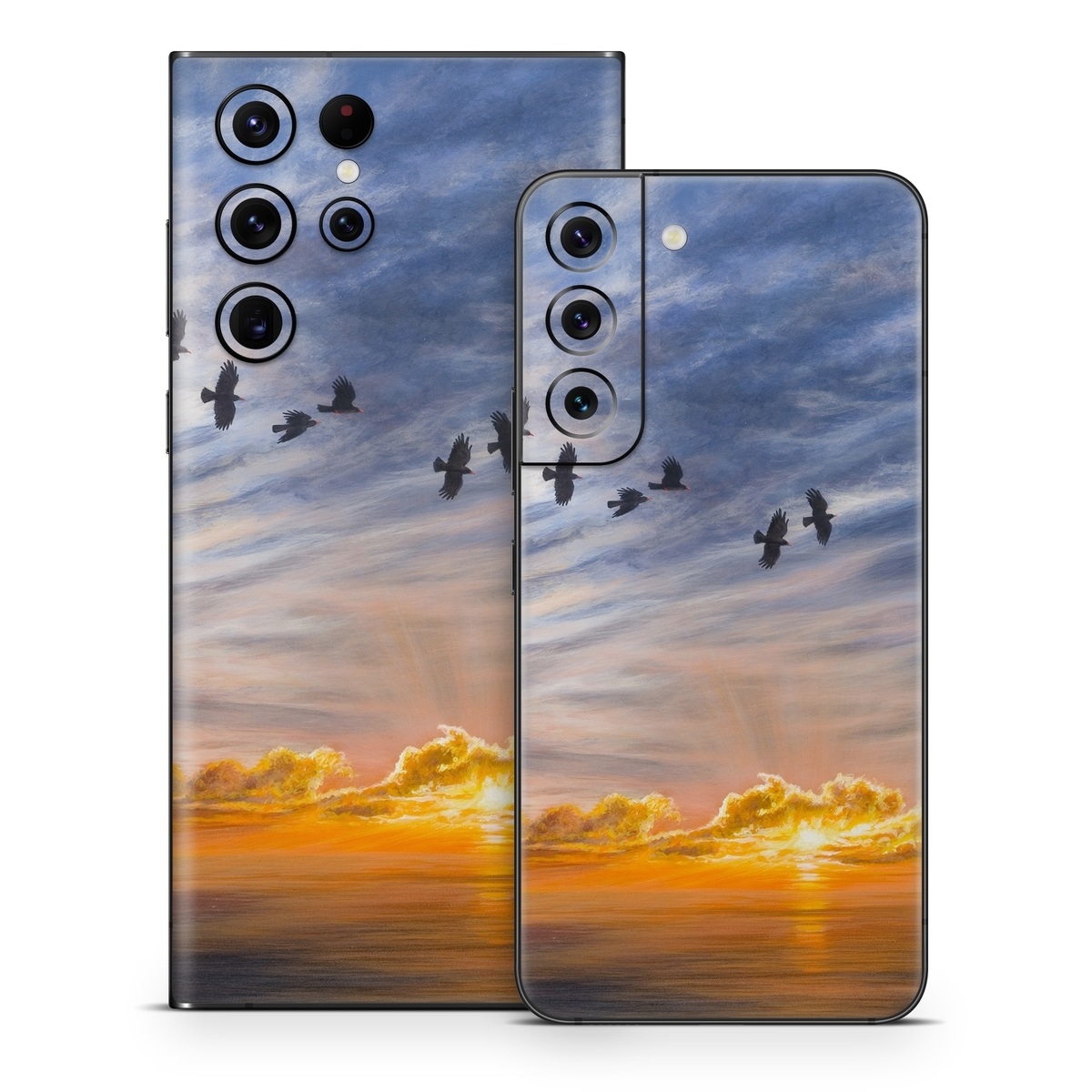 Samsung Galaxy S22 Series Skin design of Sky, Cloud, Nature, Blue, Daytime, Atmosphere, Sunset, Afterglow, Evening, Horizon, with black, blue, yellow, orange, white colors