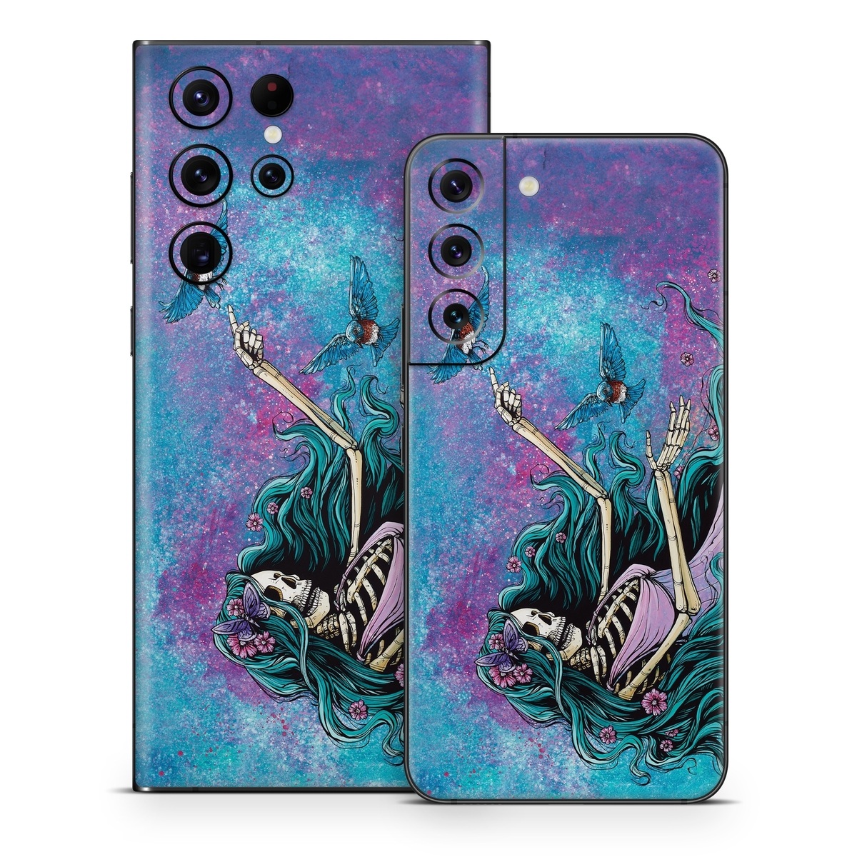 Samsung Galaxy S22 Series Skin design of Green, Purple, Painting, Paint, Art, Cg artwork, Mythical creature, Musical instrument, Graffiti, Artist, with blue, purple, white, gray, brown colors
