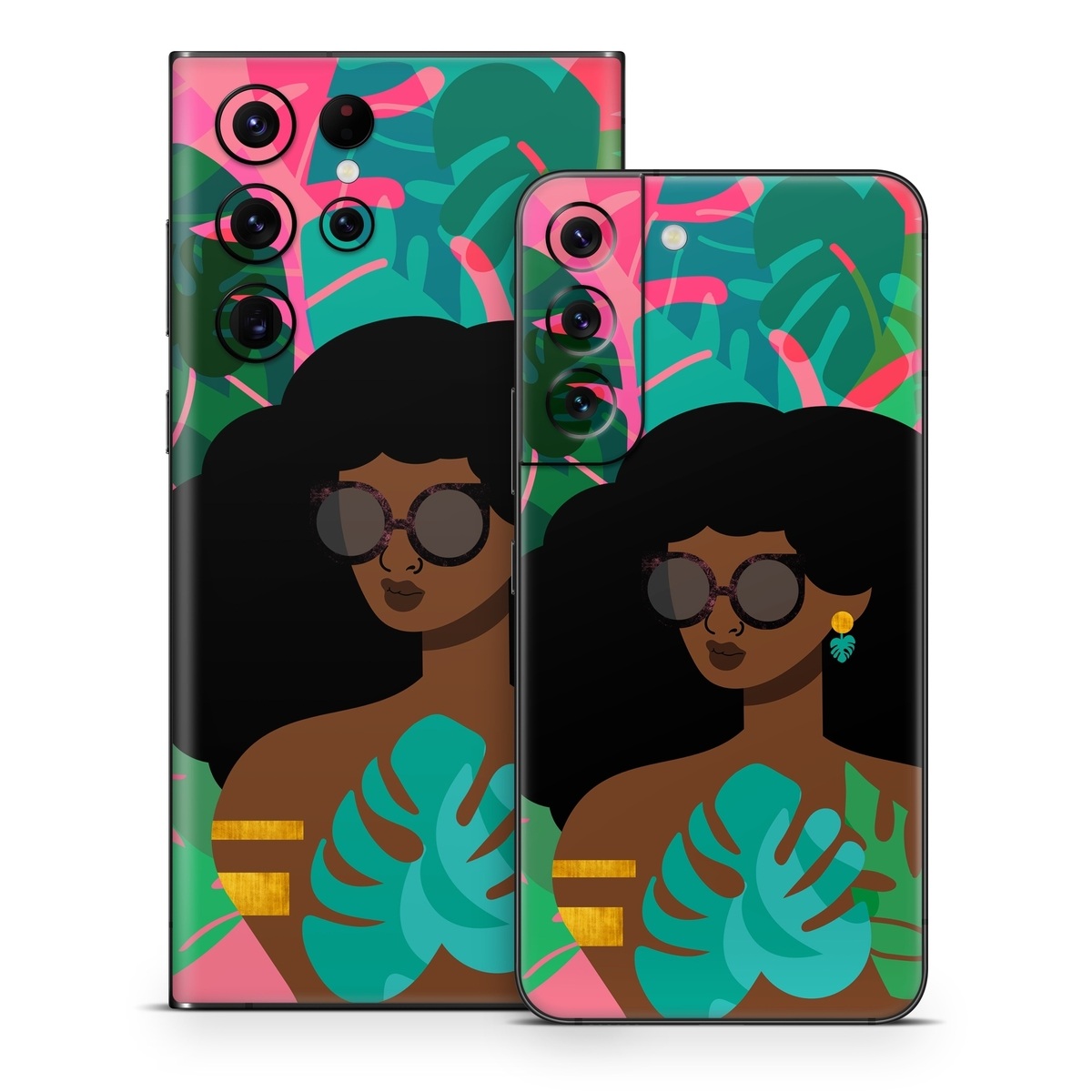 Samsung Galaxy S22 Series Skin design of Illustration, Afro, Art, Eyewear, Glasses, Graphic design, Visual arts, Graphics, Fictional character, with brown, black, green, pink, blue, yellow colors