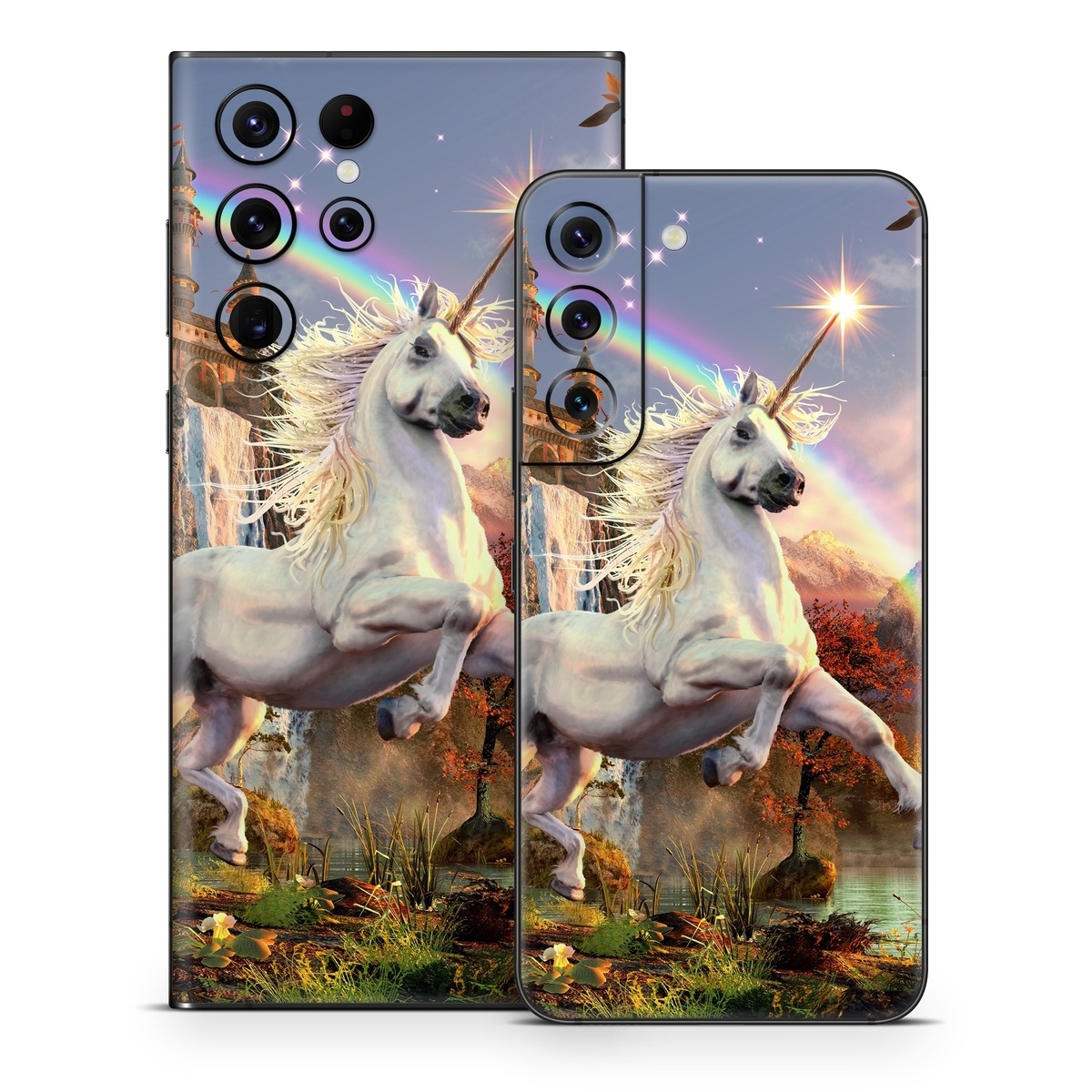 Samsung Galaxy S22 Series Skin design of Nature, Unicorn, Fictional character, Sky, Mythical creature, Mythology, Cg artwork, Horse, Mane, Wildlife, with black, gray, red, green, blue colors