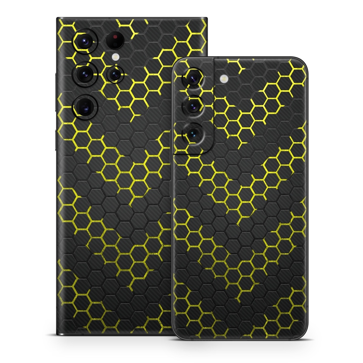 Samsung Galaxy S22 Series Skin design of Black, Pattern, Yellow, Mesh, Net, Chain-link fencing, Design, Metal, with black, gray, yellow colors