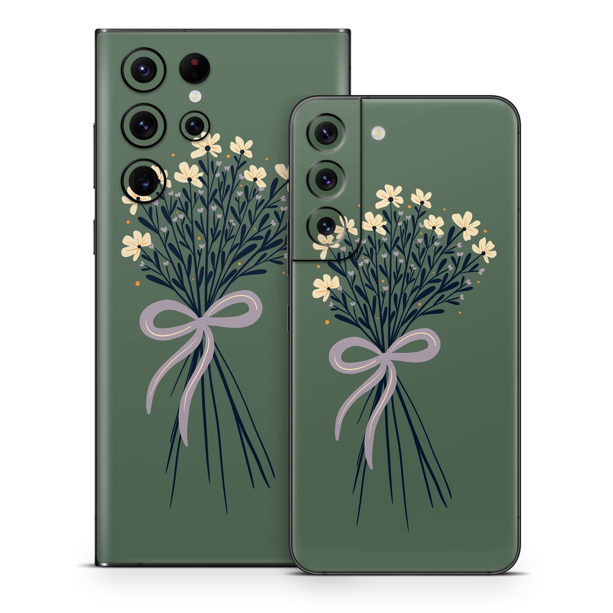 Samsung Galaxy S22 Series Skin design of Flower, Plant, Twig, Tree, Art, Pedicel, Flowering plant, Grass, Petal, Illustration, with green, yellow, white, purple colors
