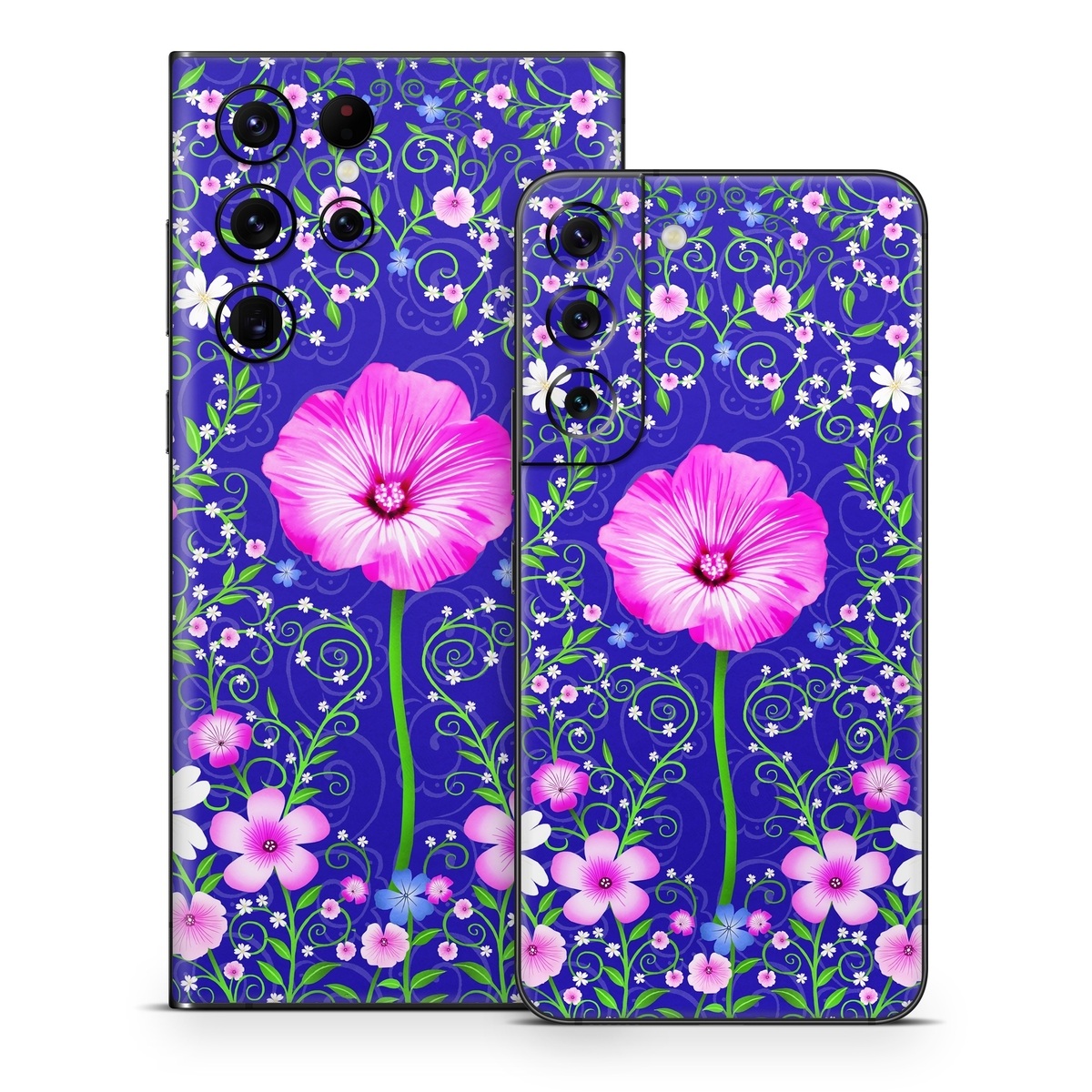 Samsung Galaxy S22 Series Skin design of Purple, Violet, Flower, Plant, Wildflower, Pattern, Petal, Design, Graphics, Morning glory, with blue, purple, pink, green, white, yellow colors