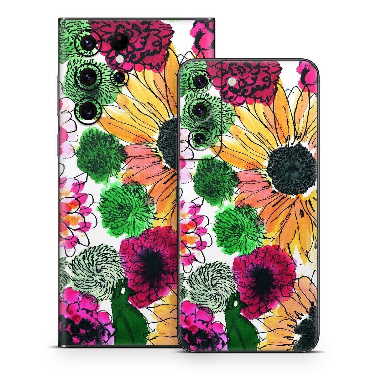 Samsung Galaxy S22 Series Skin design of Flower, Floral design, Plant, Gazania, african daisy, Petal, Pattern, Botany, Wildflower, Design, with red, yellow, green, pink, black colors