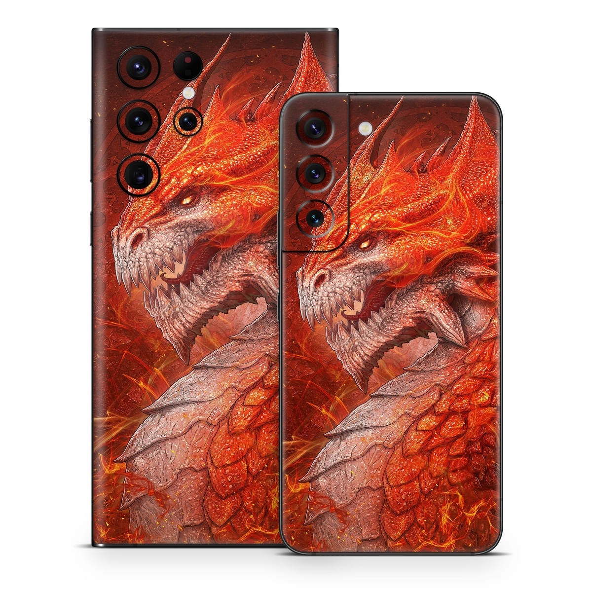 Samsung Galaxy S22 Series Skin design of Fictional character, Cg artwork, Illustration, Art, Demon, Geological phenomenon, Mythical creature, Dragon, Cryptid, with red, orange, yellow colors