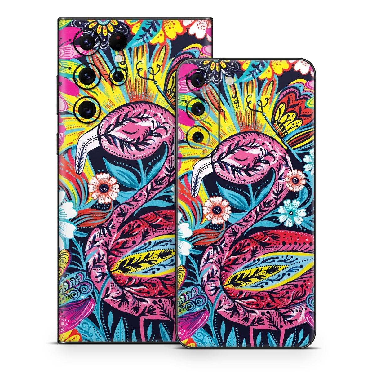 Samsung Galaxy S22 Series Skin design of Psychedelic art, Pattern, Visual arts, Art, Design, Textile, Illustration, Plant, Graphic design, Drawing, with pink, yellow, black, blue, white colors