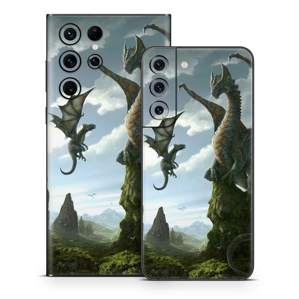Samsung Galaxy S22 Series Skin design of Dragon, Cg artwork, Fictional character, Mythical creature, Mythology, Extinction, Cryptid, Illustration, Games, Massively multiplayer online role-playing game, with black, gray, blue, white, purple colors