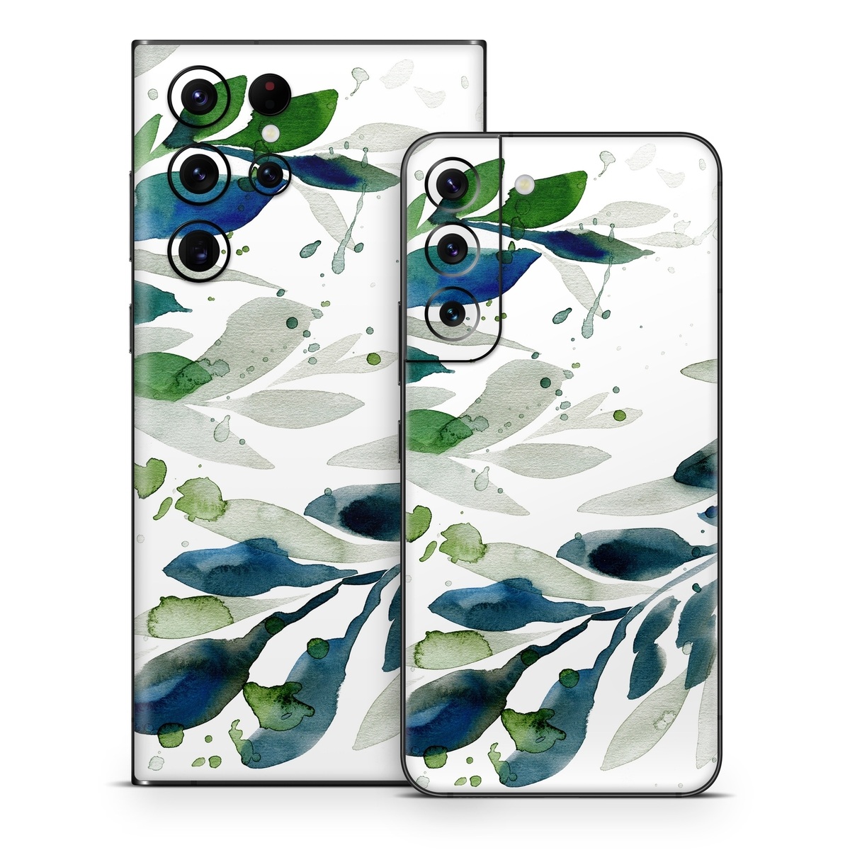 Samsung Galaxy S22 Series Skin design of Leaf, Branch, Plant, Tree, Botany, Flower, Design, Eucalyptus, Pattern, Watercolor paint, with white, blue, green, gray colors