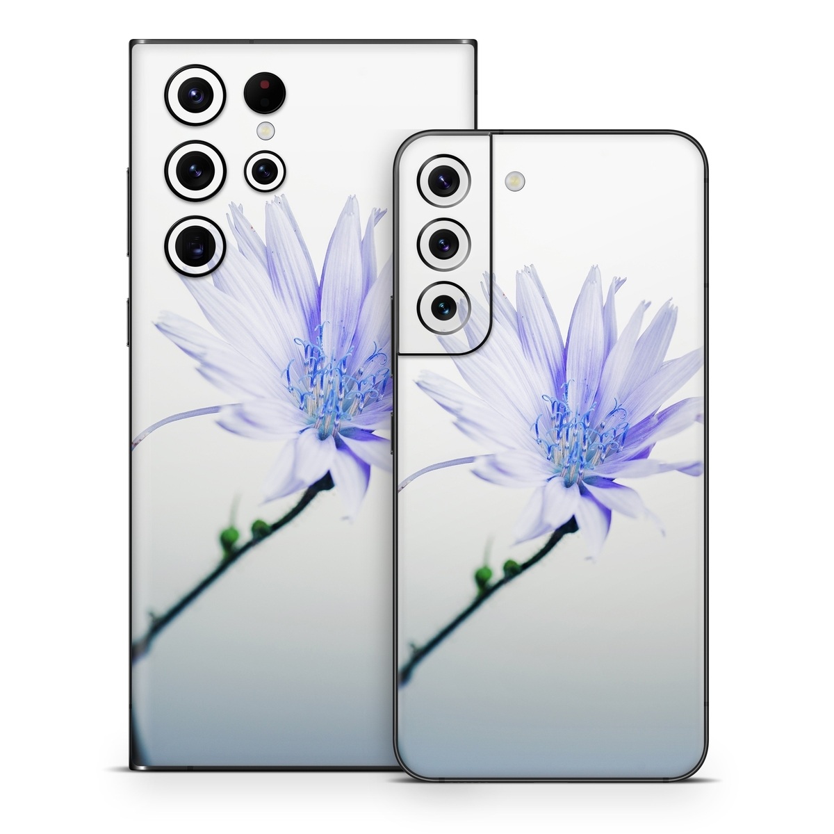 Samsung Galaxy S22 Series Skin design of Blue, Flower, Plant, Petal, Close-up, Macro photography, Flowering plant, Herbaceous plant, Wildflower, Photography, with gray, white, yellow colors
