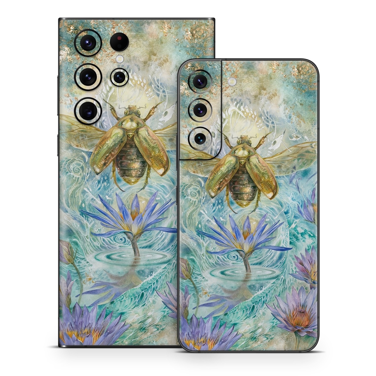 Samsung Galaxy S22 Series Skin design of Painting, Fictional character, Art, Flower, Watercolor paint, Plant, Wildflower, Angel, Honeybee, Mythology, with blue, yellow, brown, purple, red, white colors