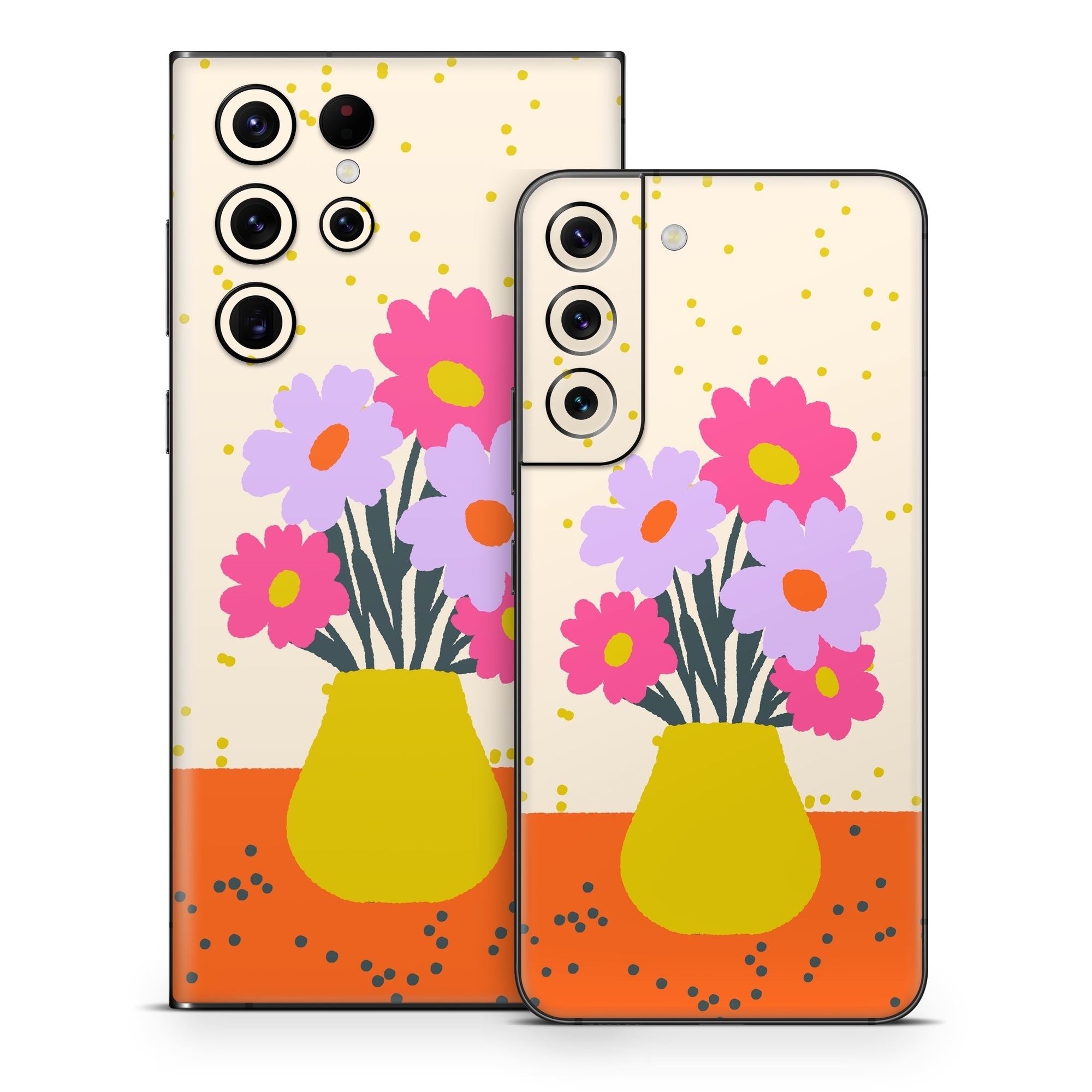 Samsung Galaxy S22 Series Skin design of Flower, Plant, Vase, Flowerpot, Petal, Happy, People in nature, Liquid, Font, Art, with white, orange, pink, purple, yellow colors