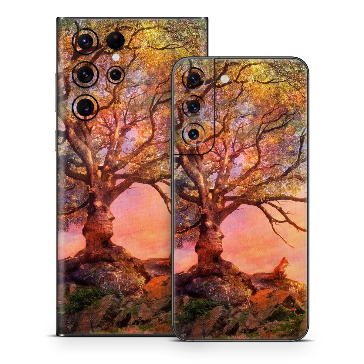 Samsung Galaxy S22 Series Skin design of Nature, Tree, Sky, Natural landscape, Branch, Leaf, Woody plant, Trunk, Landscape, Plant, with pink, red, black, green, gray, orange colors