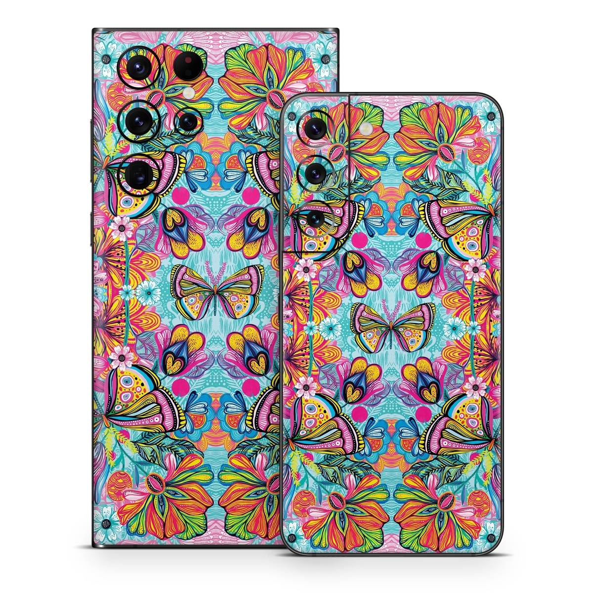 Samsung Galaxy S22 Series Skin design of Pattern, Design, Textile, Psychedelic art, Visual arts, Symmetry, Art, Motif, with blue, pink, green, yellow, orange, purple colors