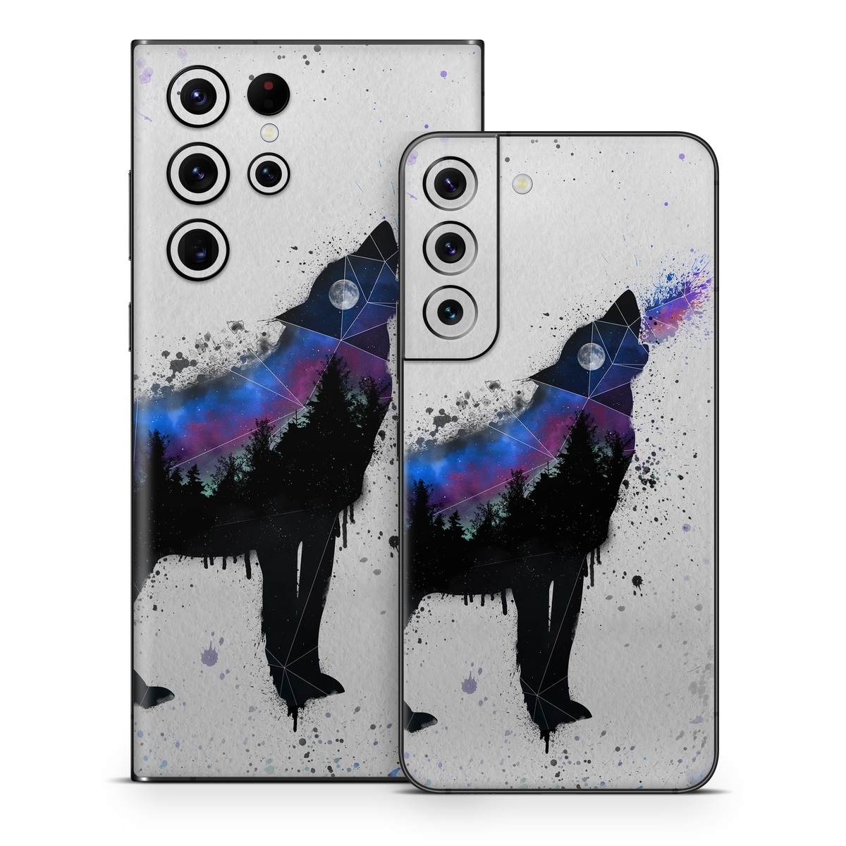 Samsung Galaxy S22 Series Skin design of Canidae, Art, Illustration, Watercolor paint, Dog, Graphic design, Street art, Acrylic paint, Painting, Visual arts, with gray, white, blue, black, green, purple colors