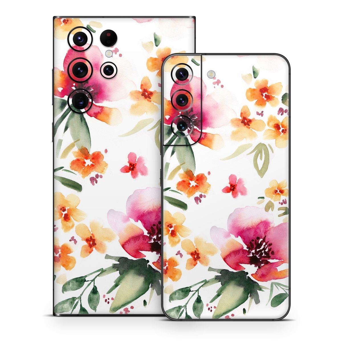 Samsung Galaxy S22 Series Skin design of Flower, Floral design, Pink, Pattern, Petal, Plant, Botany, Design, Wildflower, Clip art, with white, pink, red, orange, green colors