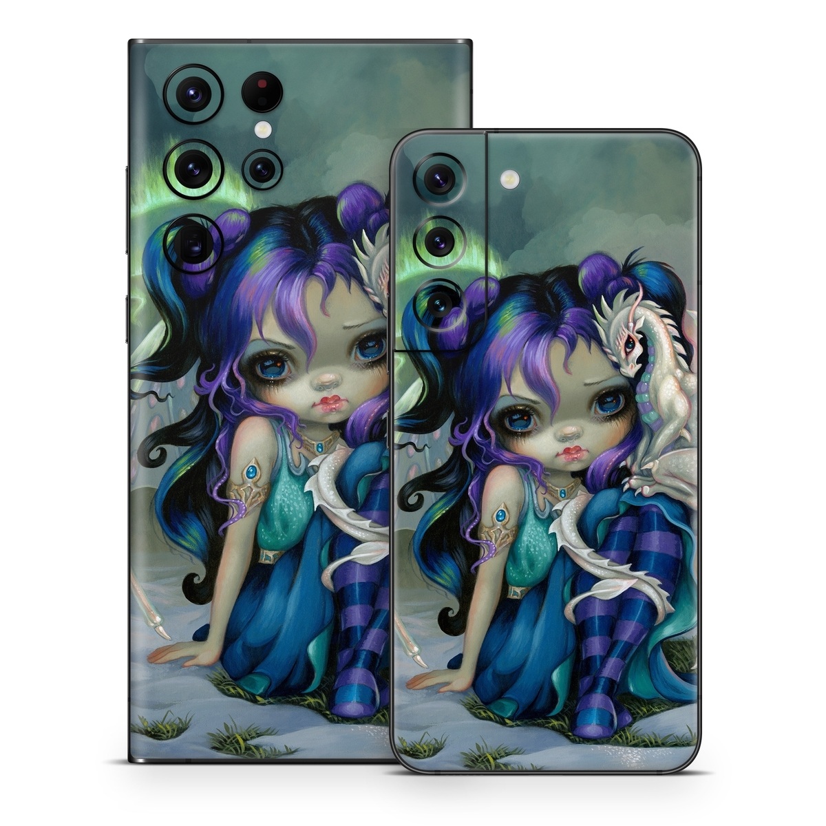 Samsung Galaxy S22 Series Skin design of Illustration, Fictional character, Cg artwork, Art, Mythology, Anime, Mythical creature, with green, blue, purple, yellow, red, white colors
