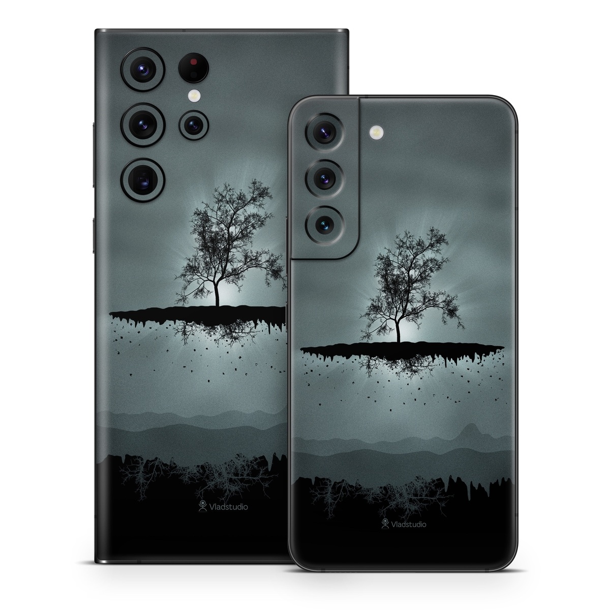 Samsung Galaxy S22 Series Skin design of Reflection, Sky, Nature, Water, Black, Tree, Black-and-white, Monochrome photography, Natural landscape, Atmospheric phenomenon, with black, gray, blue colors