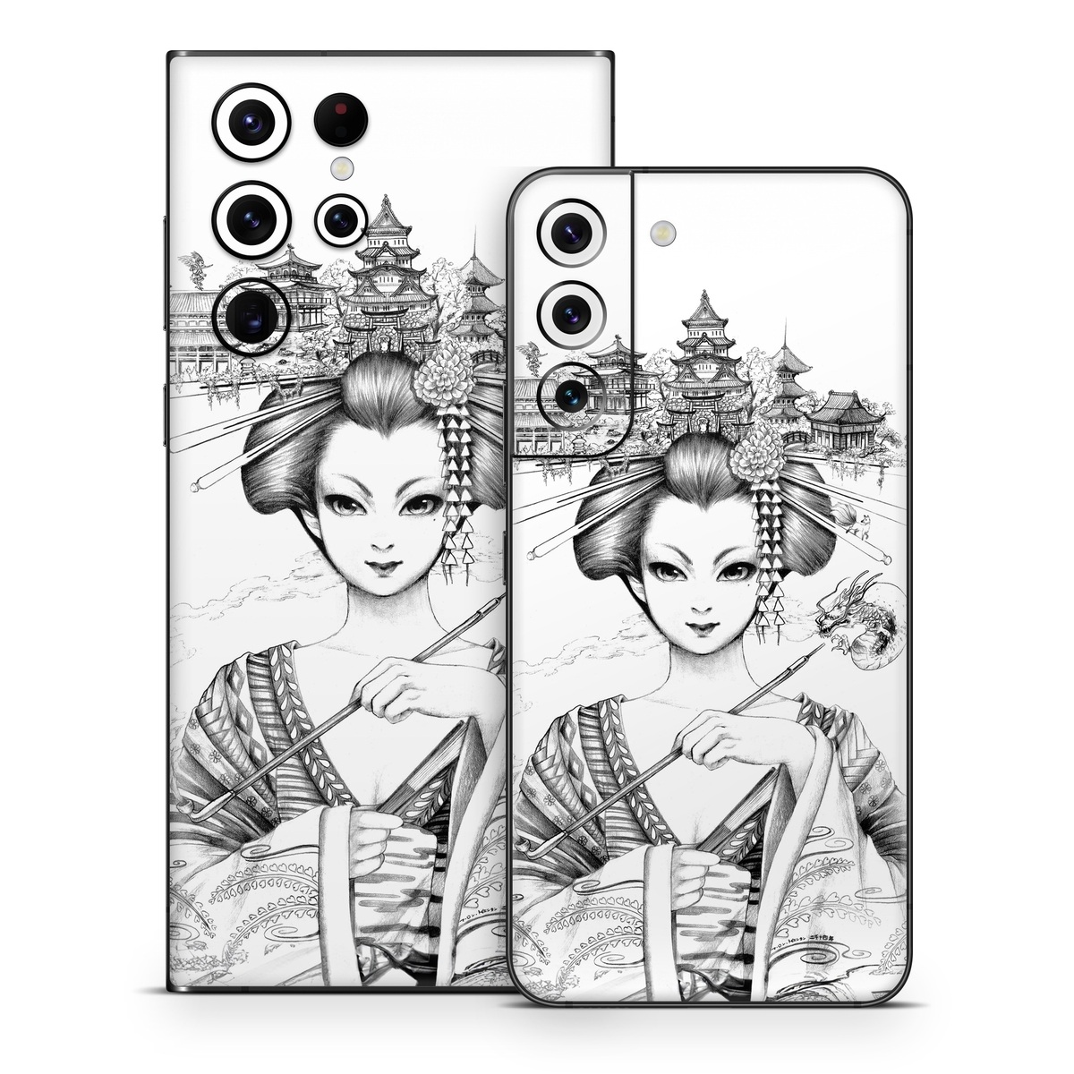 Samsung Galaxy S22 Series Skin design of Illustration, Head, Hairstyle, Line art, Art, Fashion illustration, Drawing, Coloring book, Black-and-white, Clip art, with black, white, gray colors