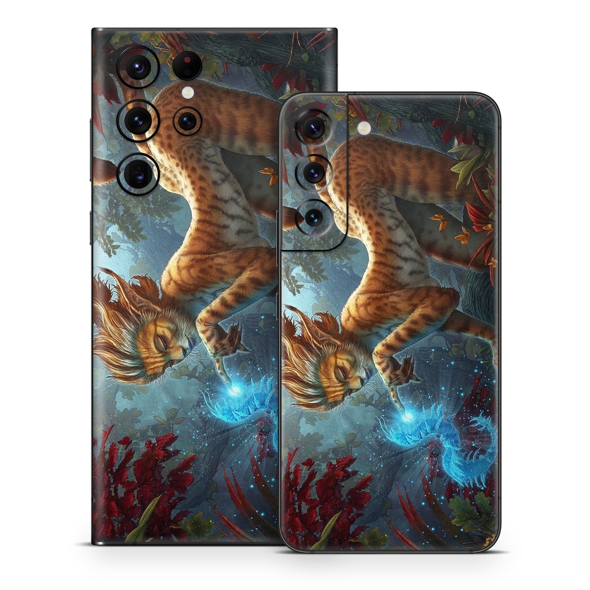 Samsung Galaxy S22 Series Skin design of Fictional character, Mythology, Illustration, Cg artwork, Sky, Organism, Dragon, Felidae, Mythical creature, Art, with yellow, red, black, green, blue colors
