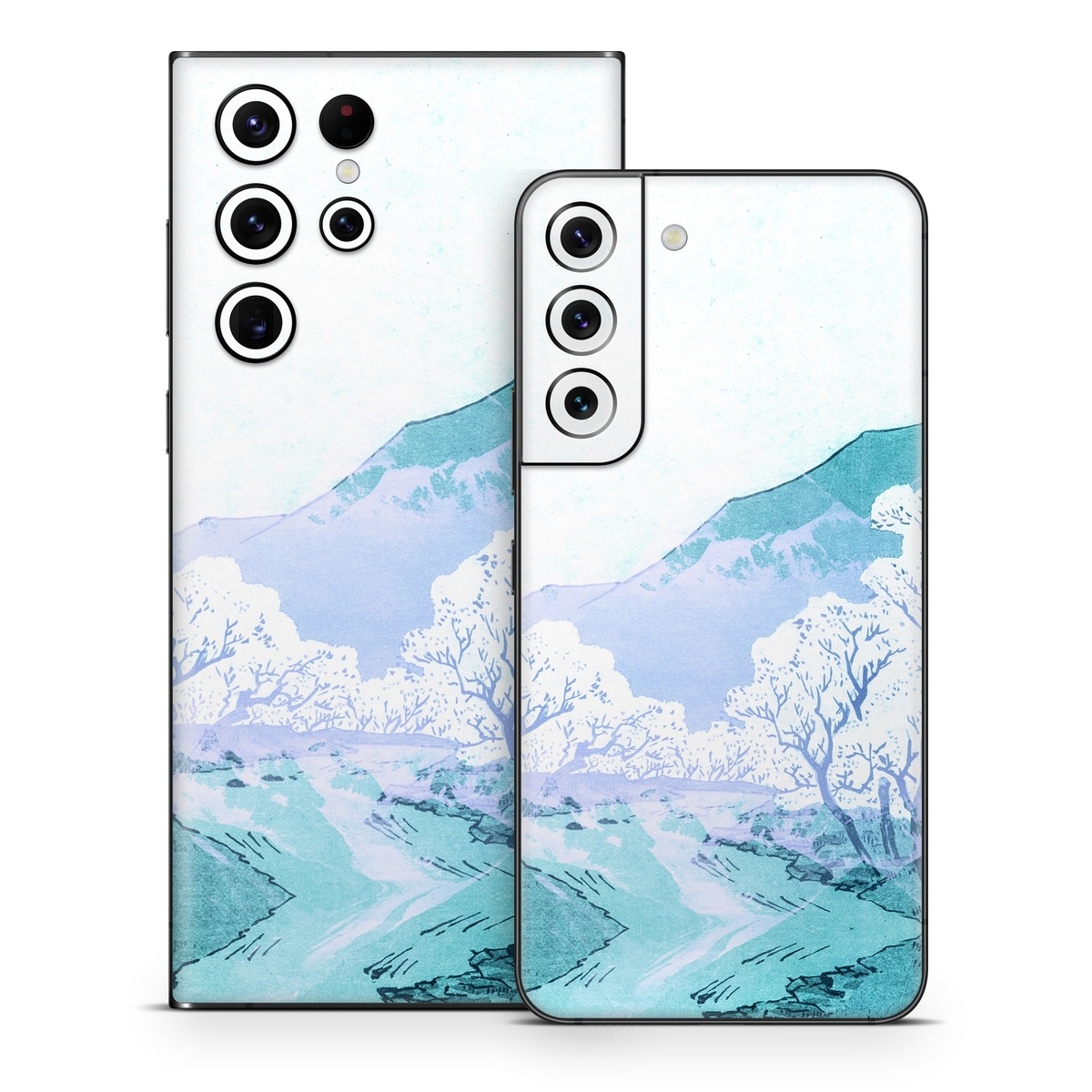 Samsung Galaxy S22 Series Skin design of Polar ice cap, Mountainous landforms, Glacial landform, Natural landscape, Mountain, Glacial lake, Glacier, Ice cap, Ice, Water, with white, blue, black colors
