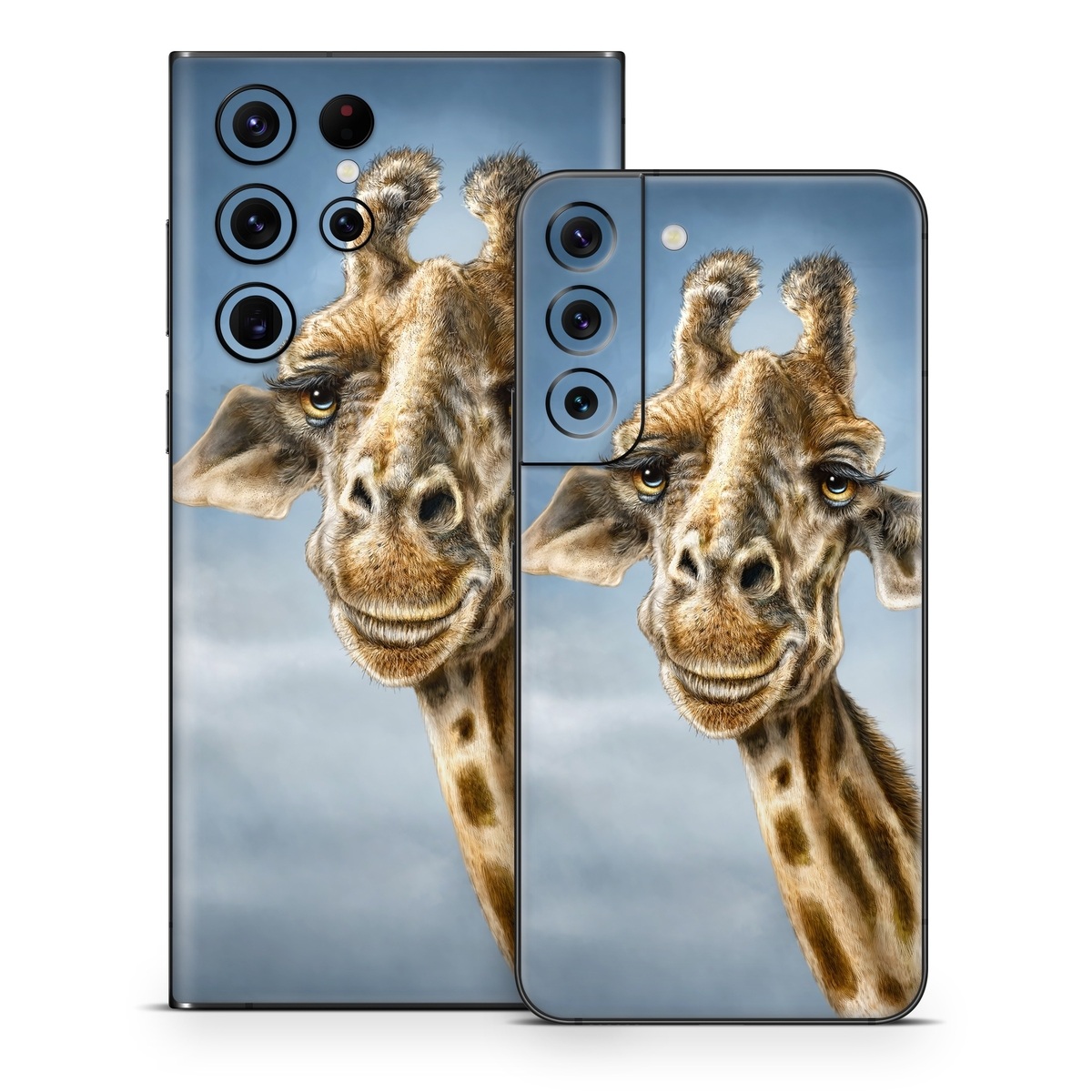 Samsung Galaxy S22 Series Skin design of Giraffe, Giraffidae, Terrestrial animal, Wildlife, Head, Snout, Organism, Adaptation, Close-up, Neck, with gray, black, blue, green colors