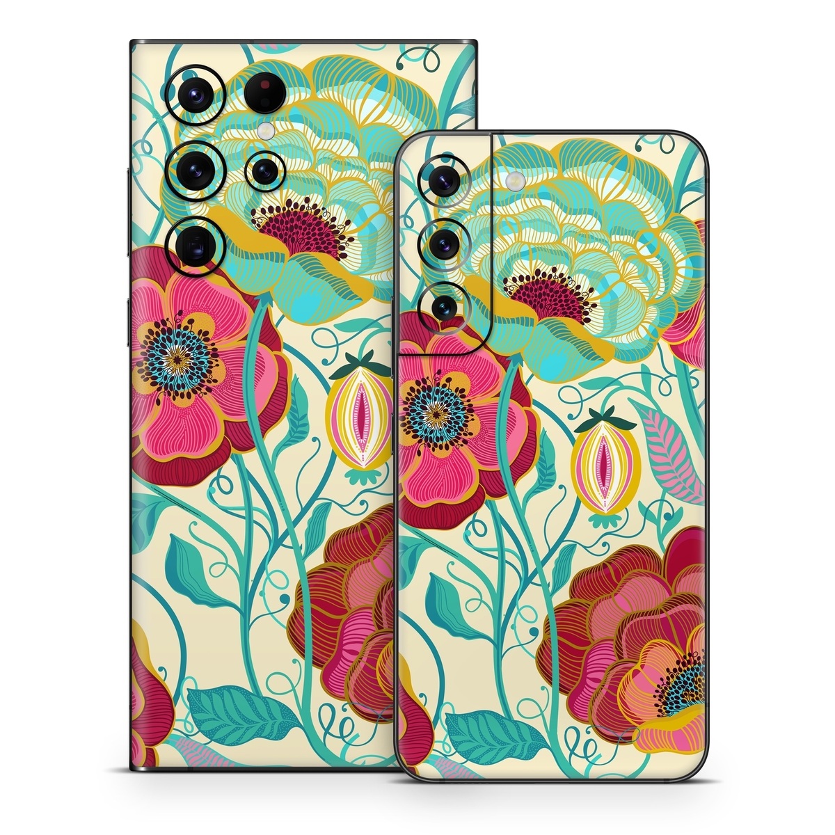 Samsung Galaxy S22 Series Skin design of Plant, Botany, Textile, Pink, Creative arts, Petal, Magenta, Art, Pattern, Rectangle, with white, red, pink, yellow, green, blue, black colors