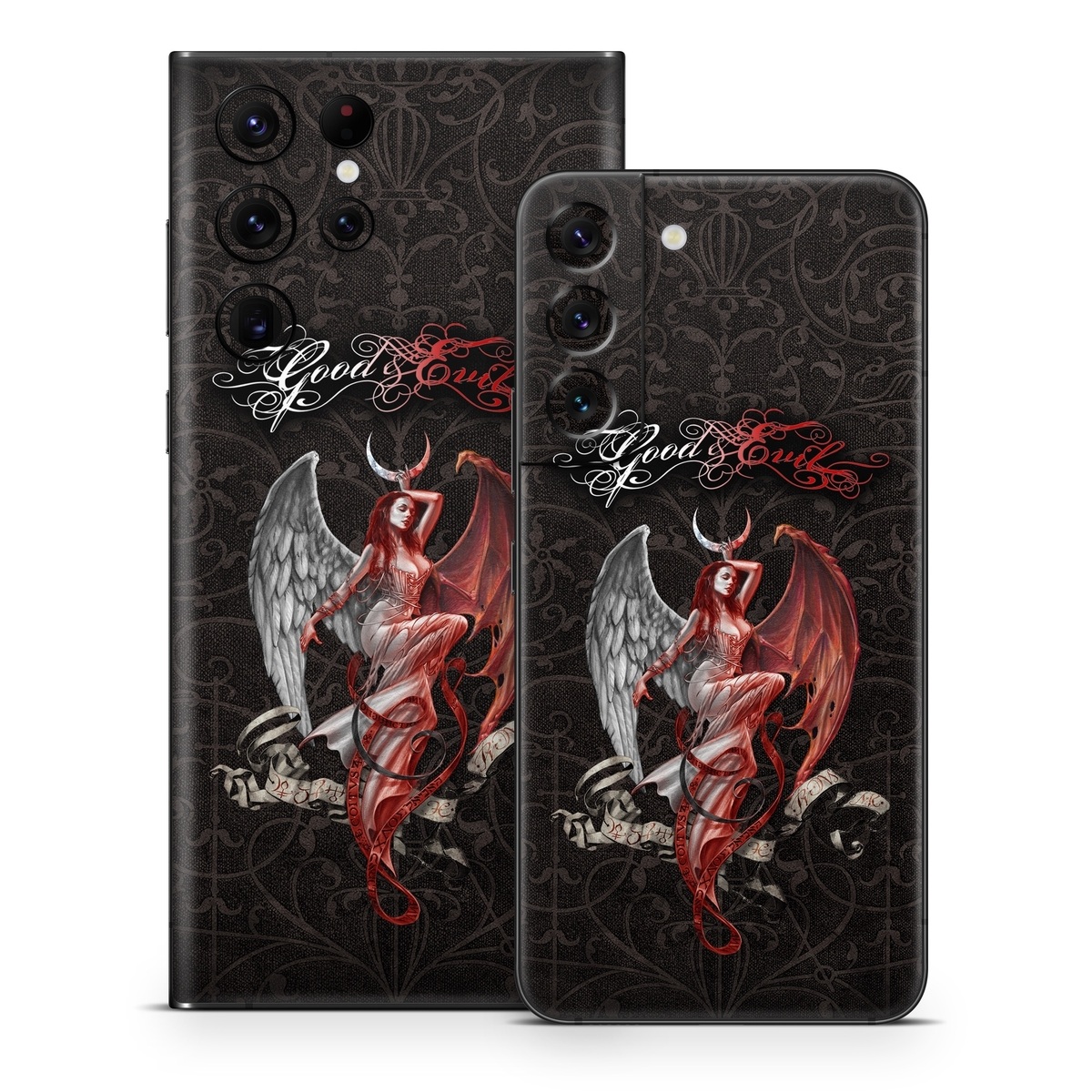 Samsung Galaxy S22 Series Skin design of Illustration, Fictional character, Graphic design, Supernatural creature, Demon, Cg artwork, Art, Mythology, Angel, Wing, with black, white, red colors