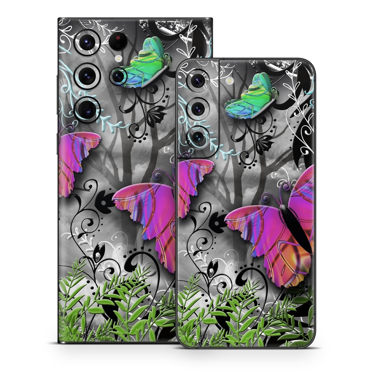 Samsung Galaxy S22 Series Skin design of Butterfly, Pink, Purple, Violet, Organism, Spring, Moths and butterflies, Botany, Plant, Leaf, with black, gray, green, purple, red colors