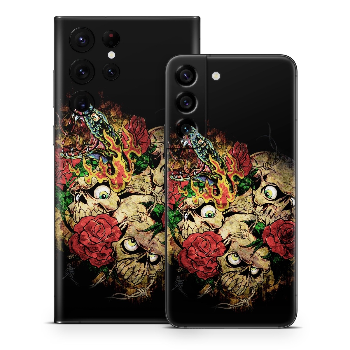 Samsung Galaxy S22 Series Skin design of Illustration, Bouquet, Art, Skull, Plant, Rose, Flower, Graphic design, Fictional character, Floral design, with black, red, green, gray colors