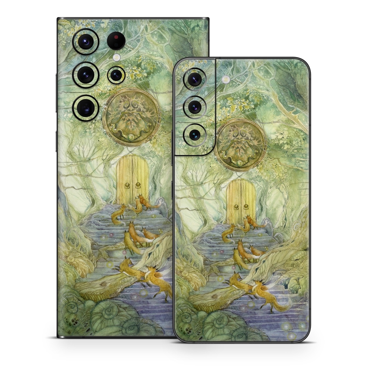 Samsung Galaxy S22 Series Skin design of Painting, Art, Mythology, Visual arts, Watercolor paint, Organism, Fictional character, Modern art, Landscape, Acrylic paint, with green, brown, red, yellow, blue, purple colors