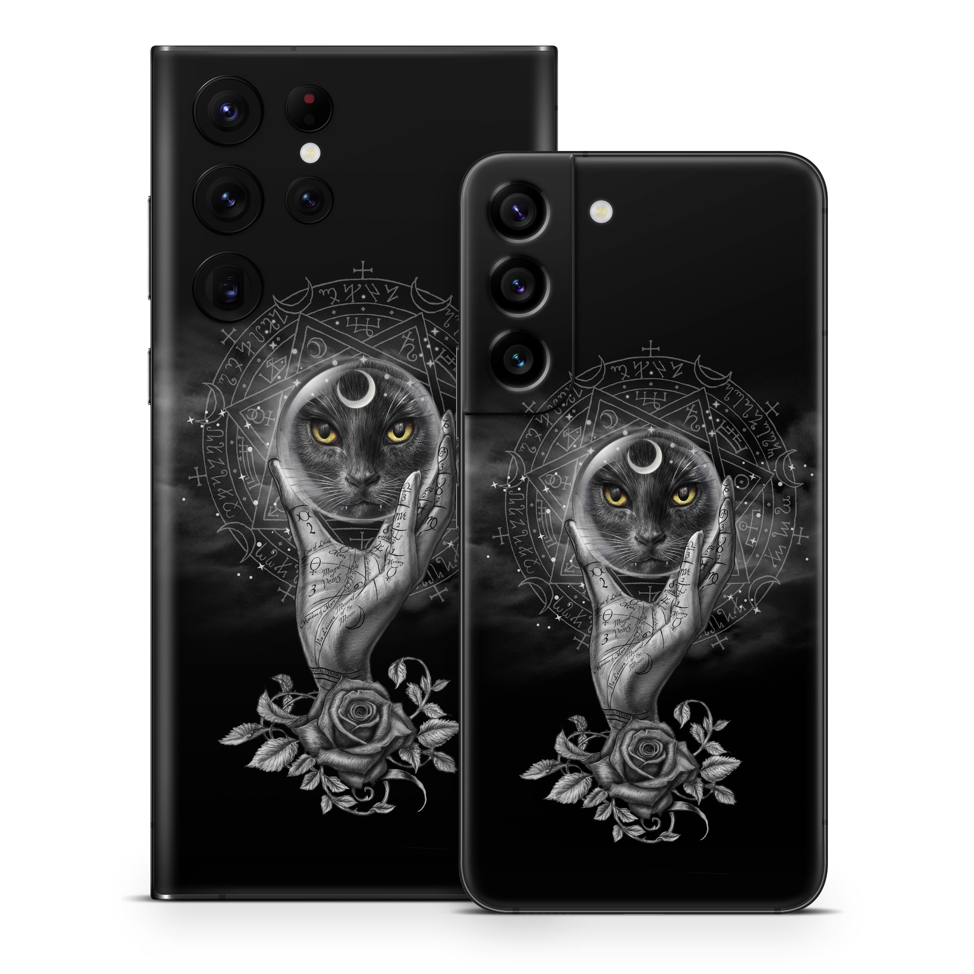 Samsung Galaxy S22 Series Skin design of Head, Eye, Flash photography, Painting, Headgear, Art, Font, Snout, Darkness, Owl, with black, white, gray colors