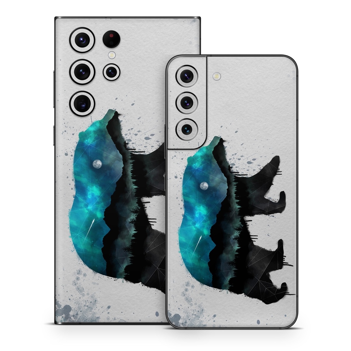 Samsung Galaxy S22 Series Skin design of Bear, Illustration, Grizzly bear, Art, Watercolor paint, Snout, Carnivore, Graphic design, Space, Polar bear, with gray, black, white, green, blue colors