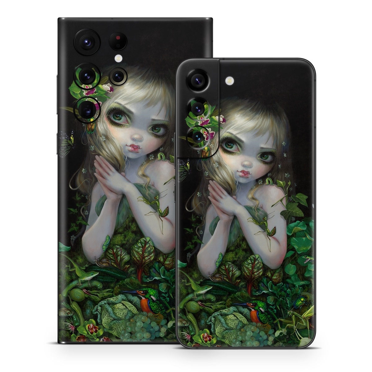 Samsung Galaxy S22 Series Skin design of Green, Doll, Fictional character, Lip, Plant, Supervillain, Flower, Illustration, Ivy, Fawn, with black, white, green, red colors