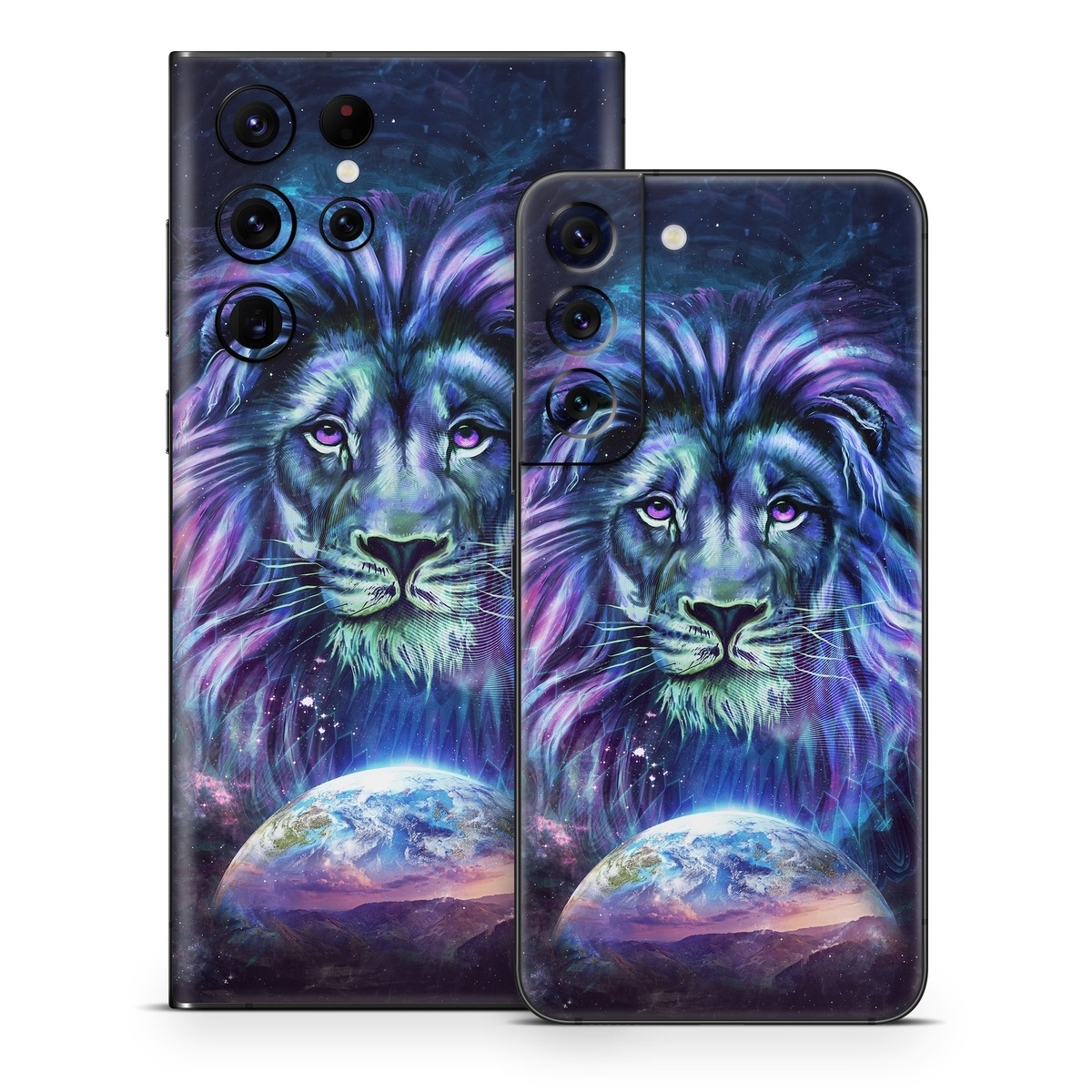Samsung Galaxy S22 Series Skin design of Lion, Felidae, Purple, Wildlife, Big cats, Illustration, Darkness, Space, Painting, Art, with purple, blue, green, black, white, red colors