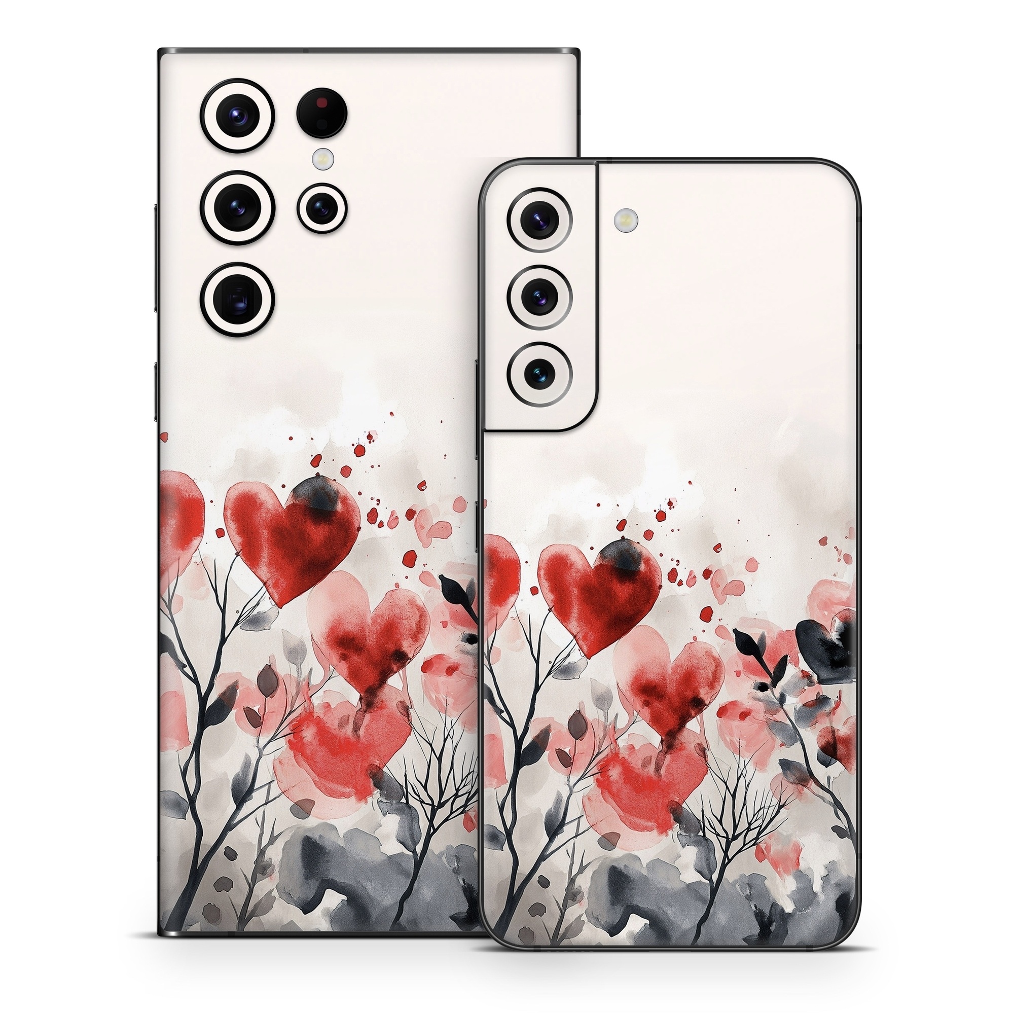 Samsung Galaxy S22 Series Skin design of Flower, Plant, Petal, Sky, Natural landscape, Twig, Tree, Art, Painting, Flowering plant, with white, black, gray, red, pink colors