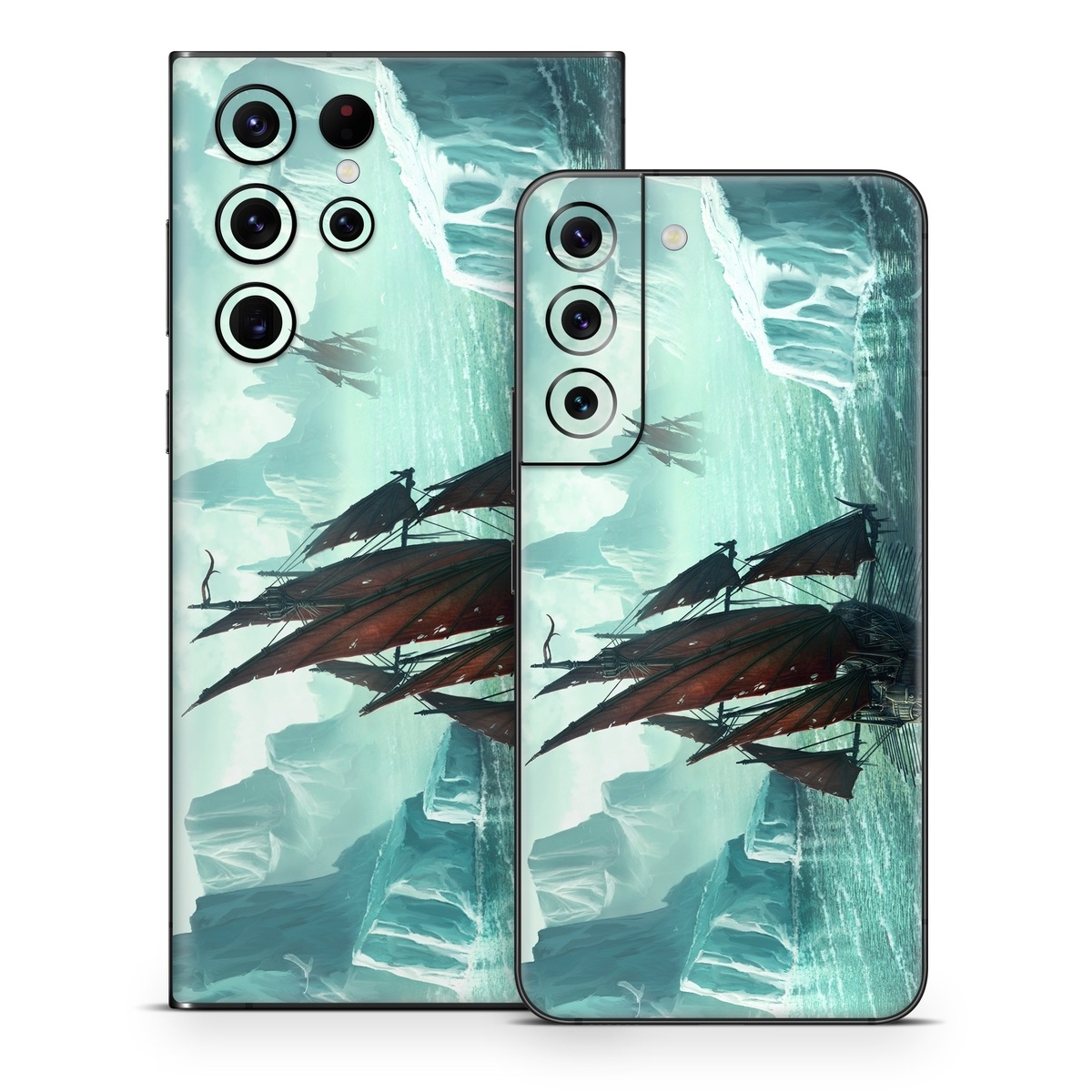 Samsung Galaxy S22 Series Skin design of Cg artwork, Vehicle, Ghost ship, Manila galleon, Fluyt, Adventure game, First-rate, Sailing ship, Mythology, Strategy video game, with gray, black, blue, green, white colors