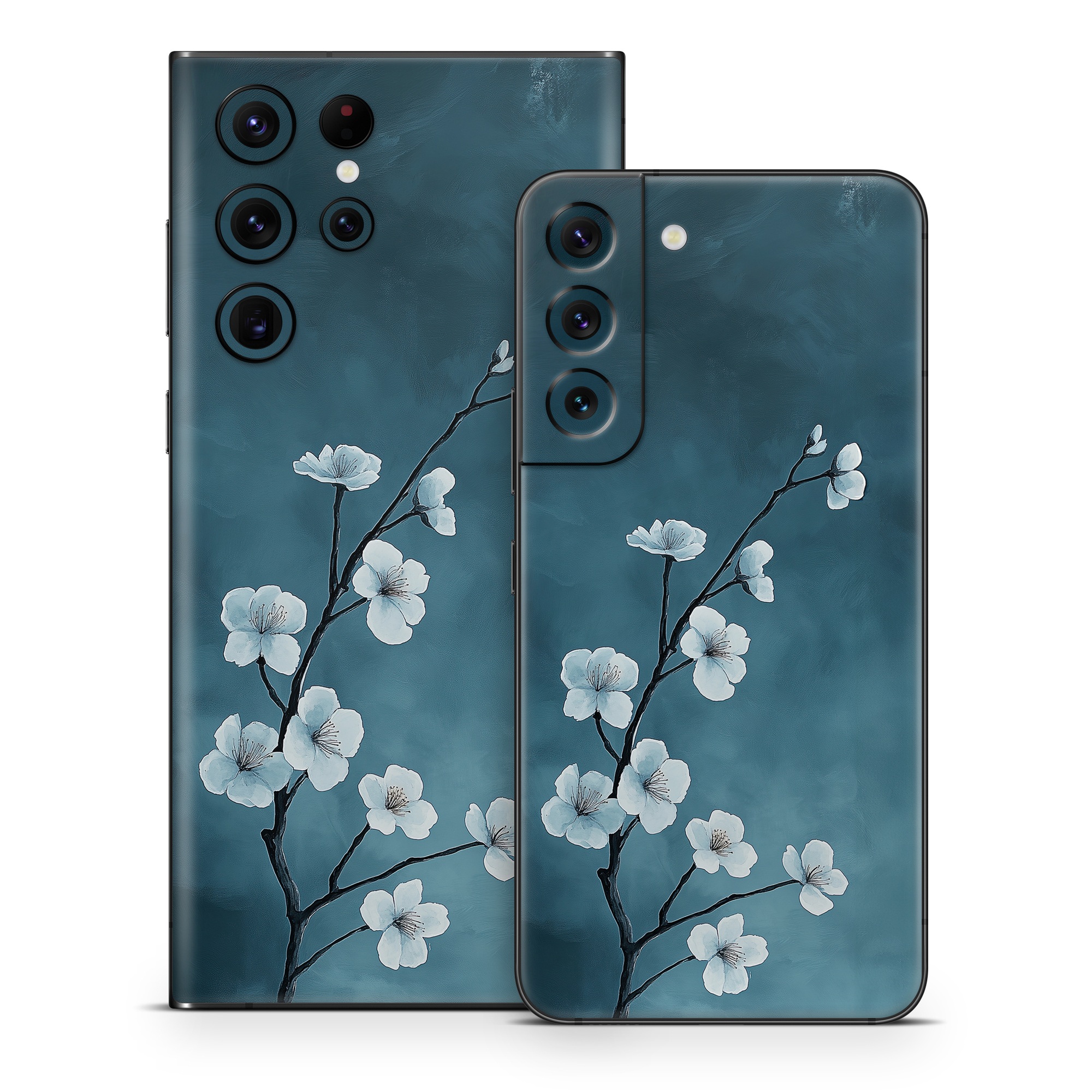 Samsung Galaxy S22 Series Skin design of Flower, Nature, Petal, Branch, Twig, Sky, Flowering plant, Cloud, Blossom, Tree, with black, blue, white, gray colors